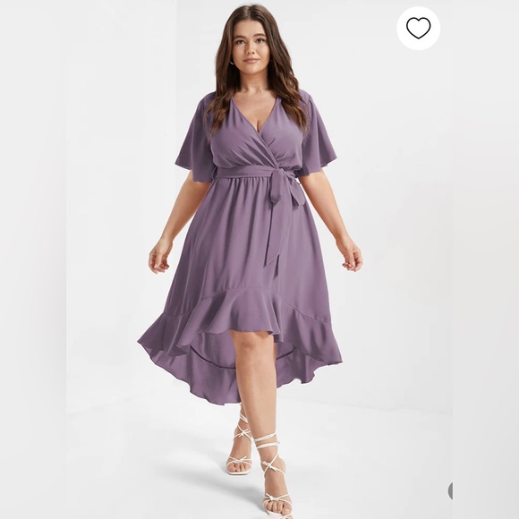 Bloom Dress - Solid Tie Surplice Ruffle High Low Dress - Picture 3 of 5